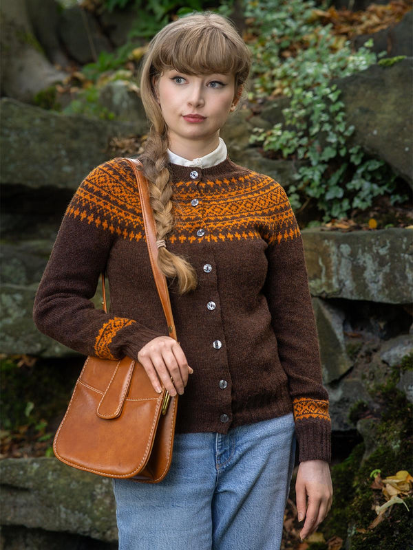 1940s Style Pure Wool Fairisle Cardigan in Coffee Brown