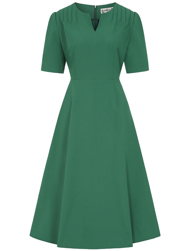 Green Pintuck Shoulder Vintage Style Dress