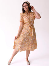 1940s Inspired Yellow Ditsy Floral Shirt Dress