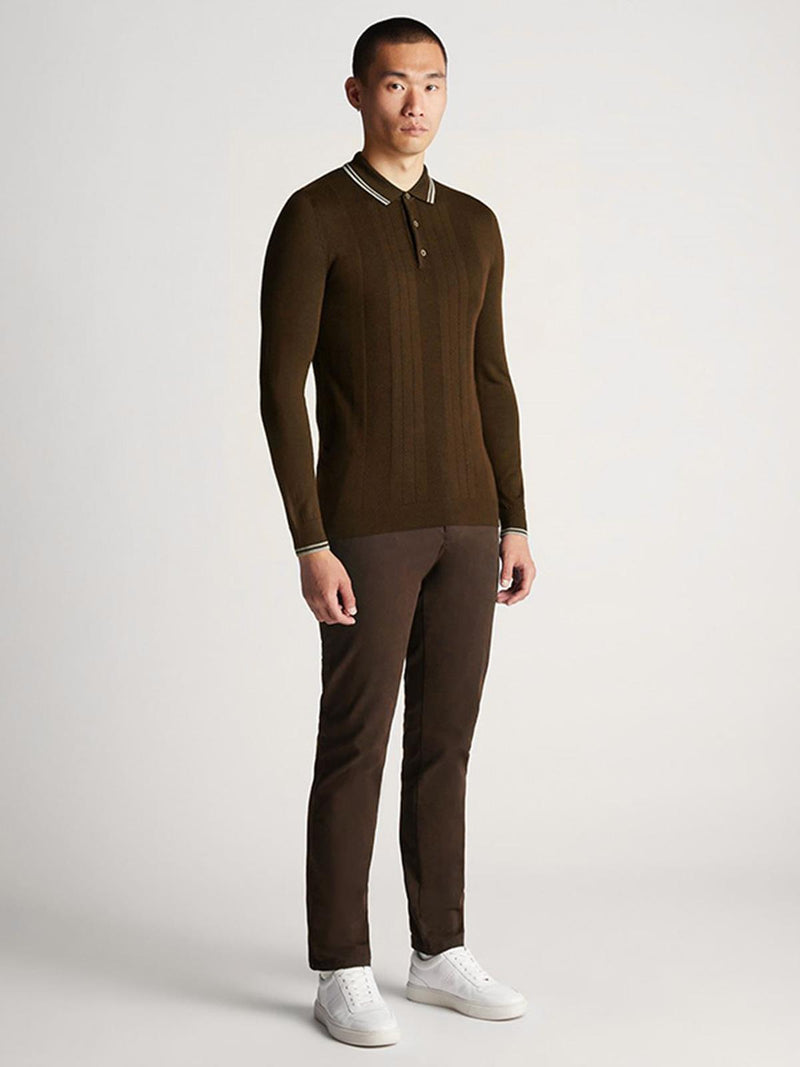 Brown Merino Wool Long Sleeve Retro Knitted Polo