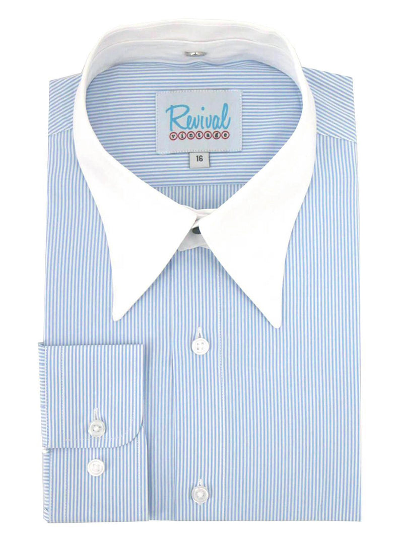 Blue Stripe Collarless Grandad Shirt with Detachable Spearpoint Collar