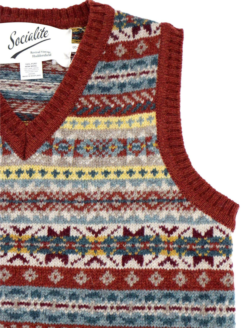 Forties Vintage Scottish Wool Fairisle Tank Top in Cardinal Red