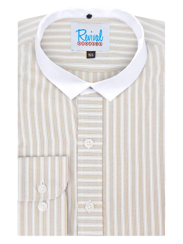 White Detachable Banker Shirt - Brown Orton Stripe