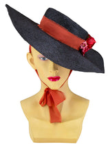 Black 1940s Straw Boater Picture Hat Floral Trim