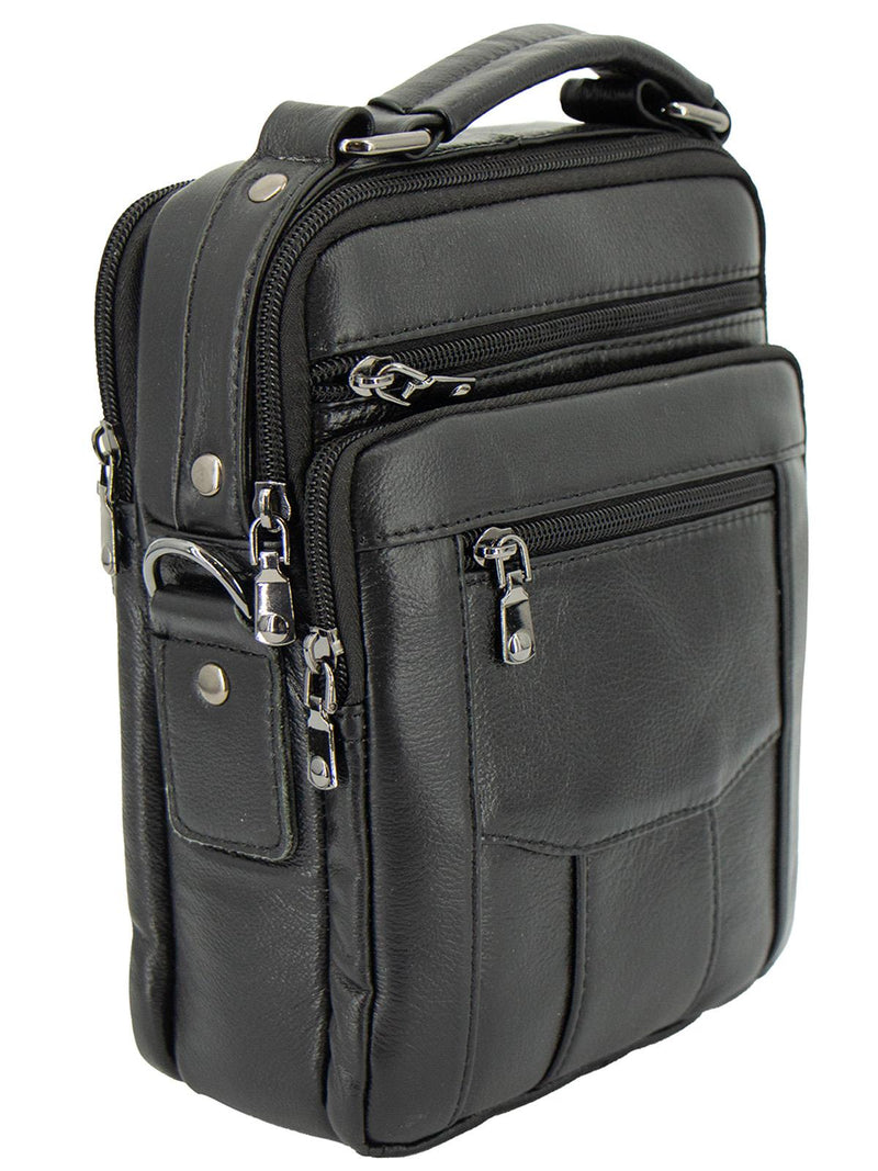 Black Leather Men's Multi Pocket Crossbody Bag