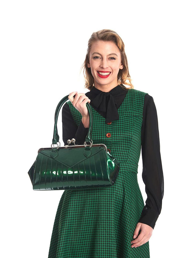 Vintage Style Green Metallic Topstitched Handbag