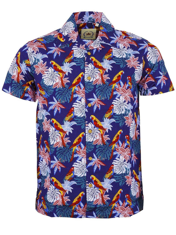 1950s Style Blue Parrot Print Hawaiian Shirt