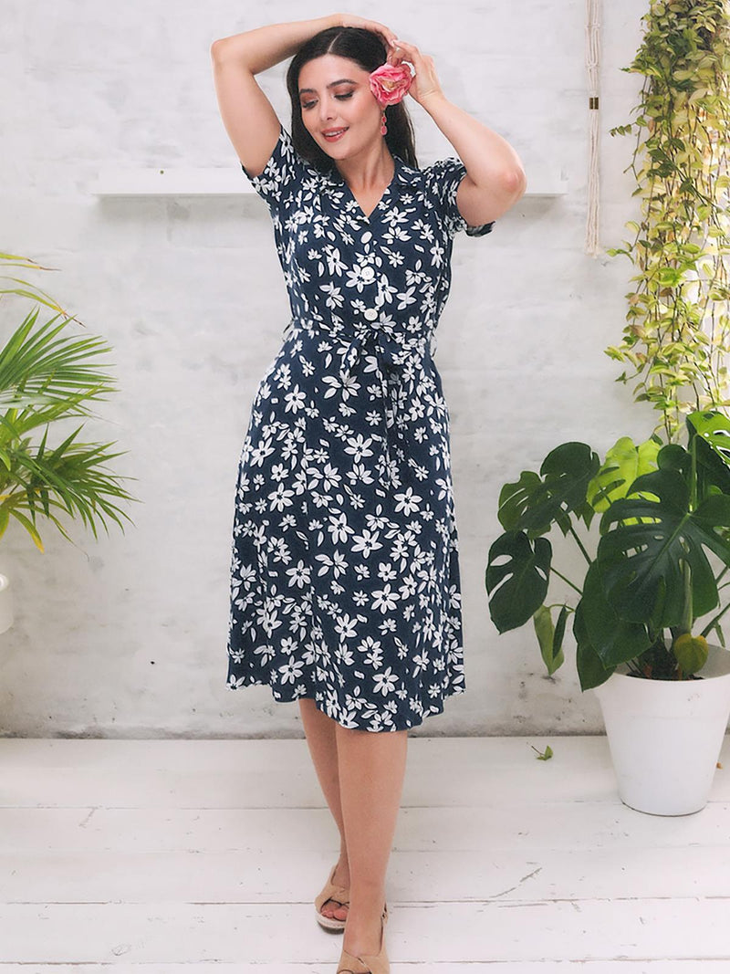 1940s Inspired Navy Tiki Print Shirt Dress