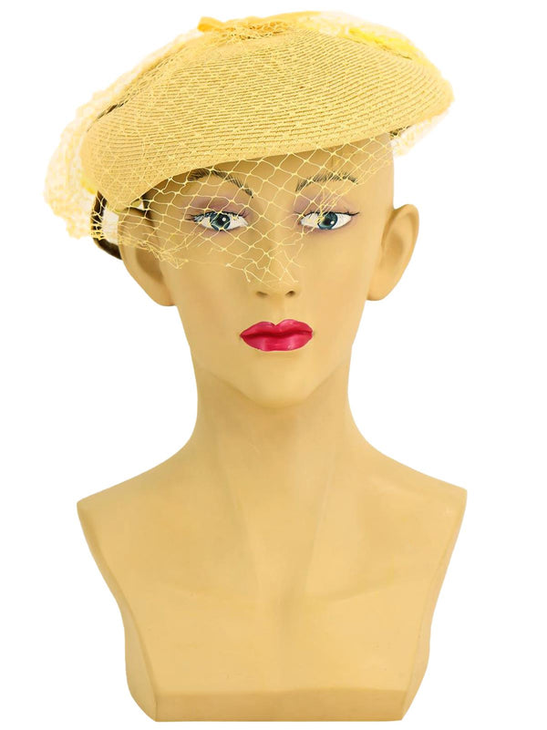 Yellow Floral Decor Straw 50s Vintage Hat