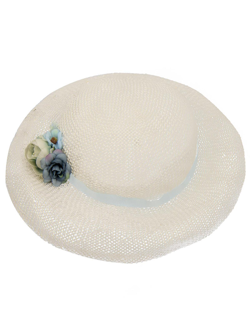 White 1940s Style Handmade Mushroom Hat Blue Trims