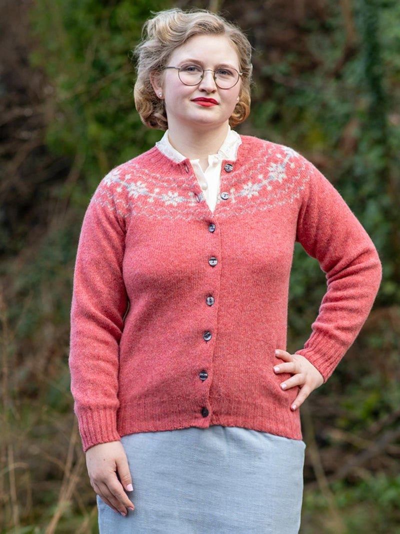 1940s Style Pure Wool Fairisle Cardigan in Rosebud Pink