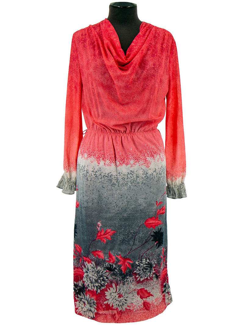 Vintage Coral & Grey Floral Cowl Neck Dress