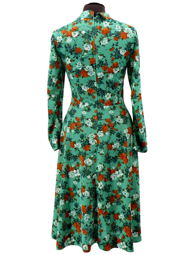1960s Vintage Green Floral Pussybow Dress