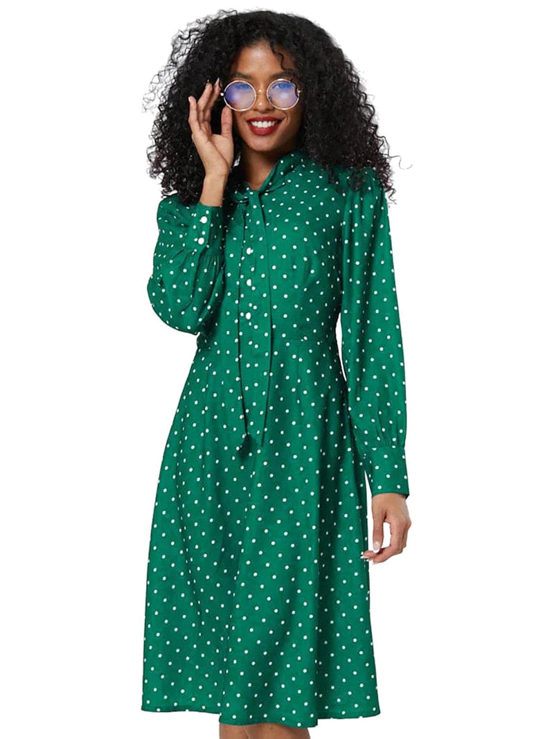 Green Polka Dot Vintage Style Pussybow Dress