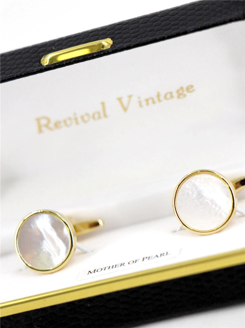 Vintage Style Round Mother of Pearl Gold Cufflinks