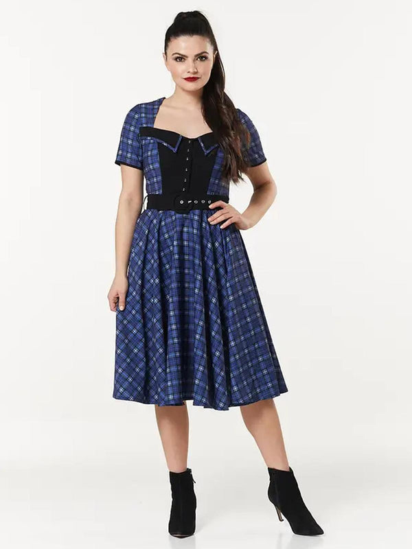 Blue and Black Check Vintage Style Swing Dress