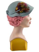 Vintage Half Hat Duck Egg Blue With Feather Trims