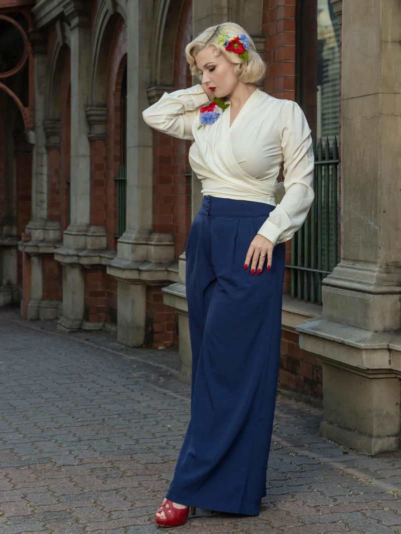 Vintage Look Wide Leg Trousers - Blue