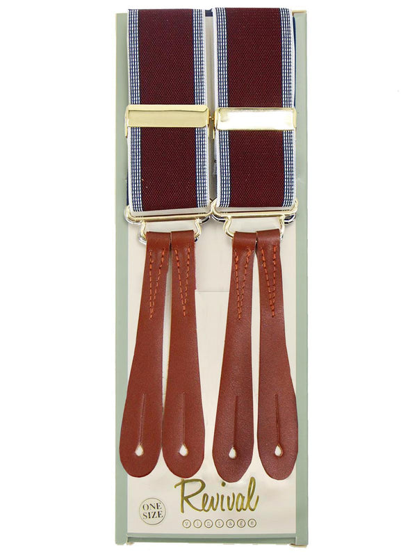 Maroon Border Stripe 1940s Style Braces with Leather Loops