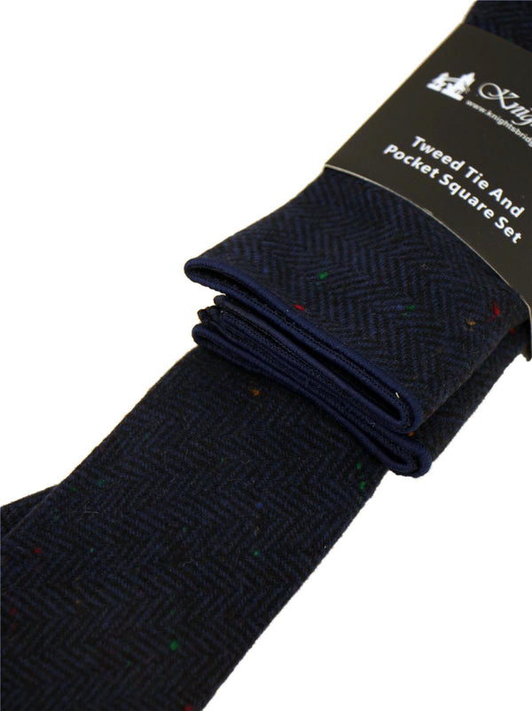 Navy Herringbone Tweed Tie & Pocket Square Se