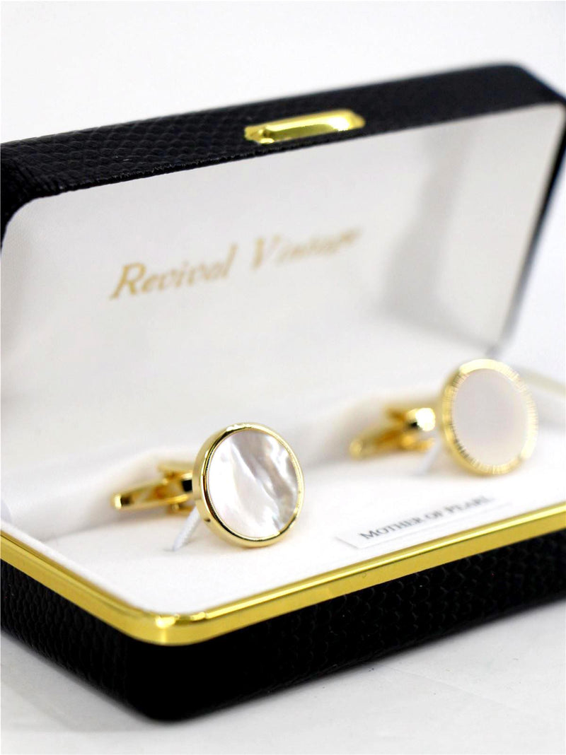 Vintage Style Round Mother of Pearl Gold Cufflinks