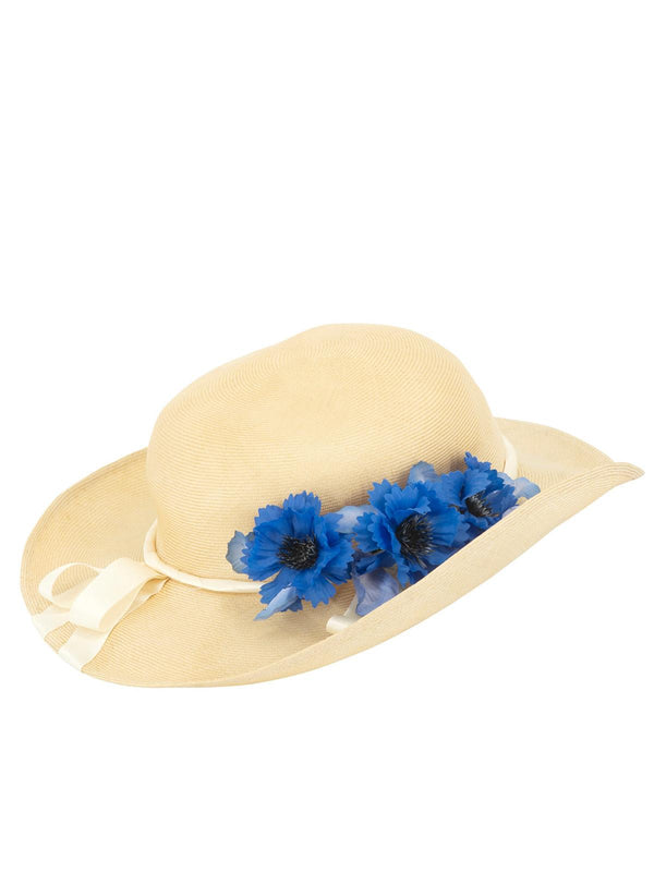 Fine Straw Vintage Hat With Blue Florals