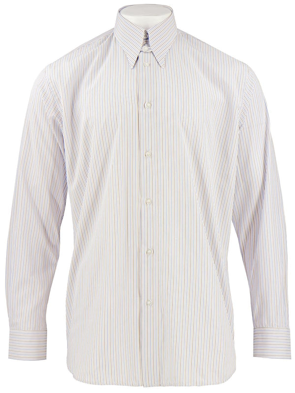 1940s Spearpoint Collar Shirt - Brown & Blue Windsor Stripe - Tab Collar