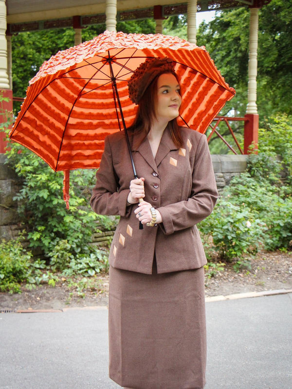 Frilly Rust Orange Bamboo Handle Vintage Umbrella