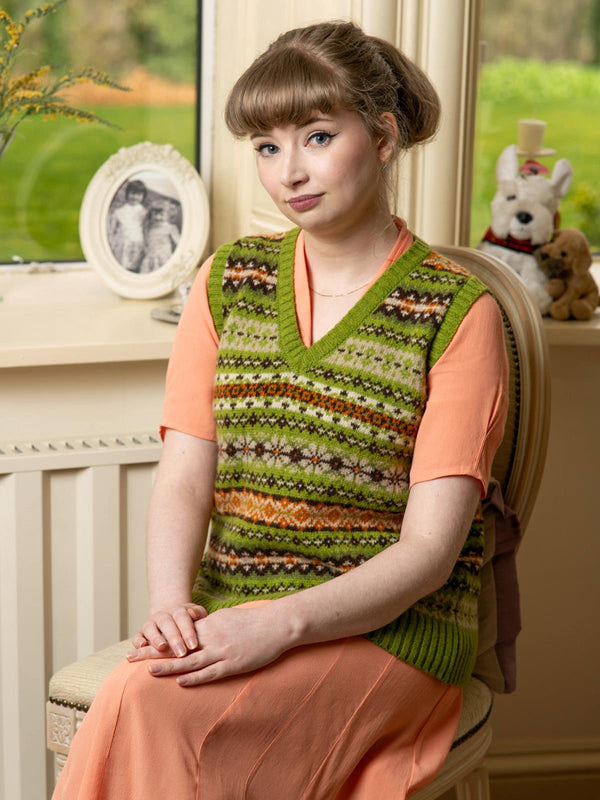 Scottish Wool Short Fairisle Knit Tank Top in Calypso Green