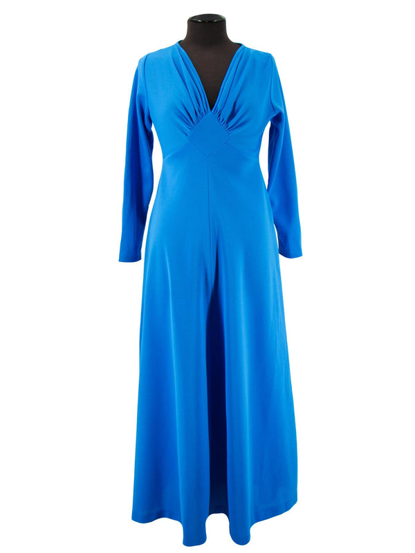 Vintage 1970s Cobalt Blue Diamond Ruched Maxi Dress