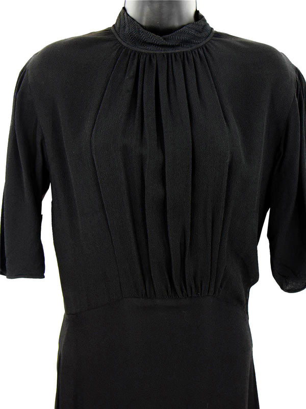 Black Crepe 1940s Dress Gathered Bodice