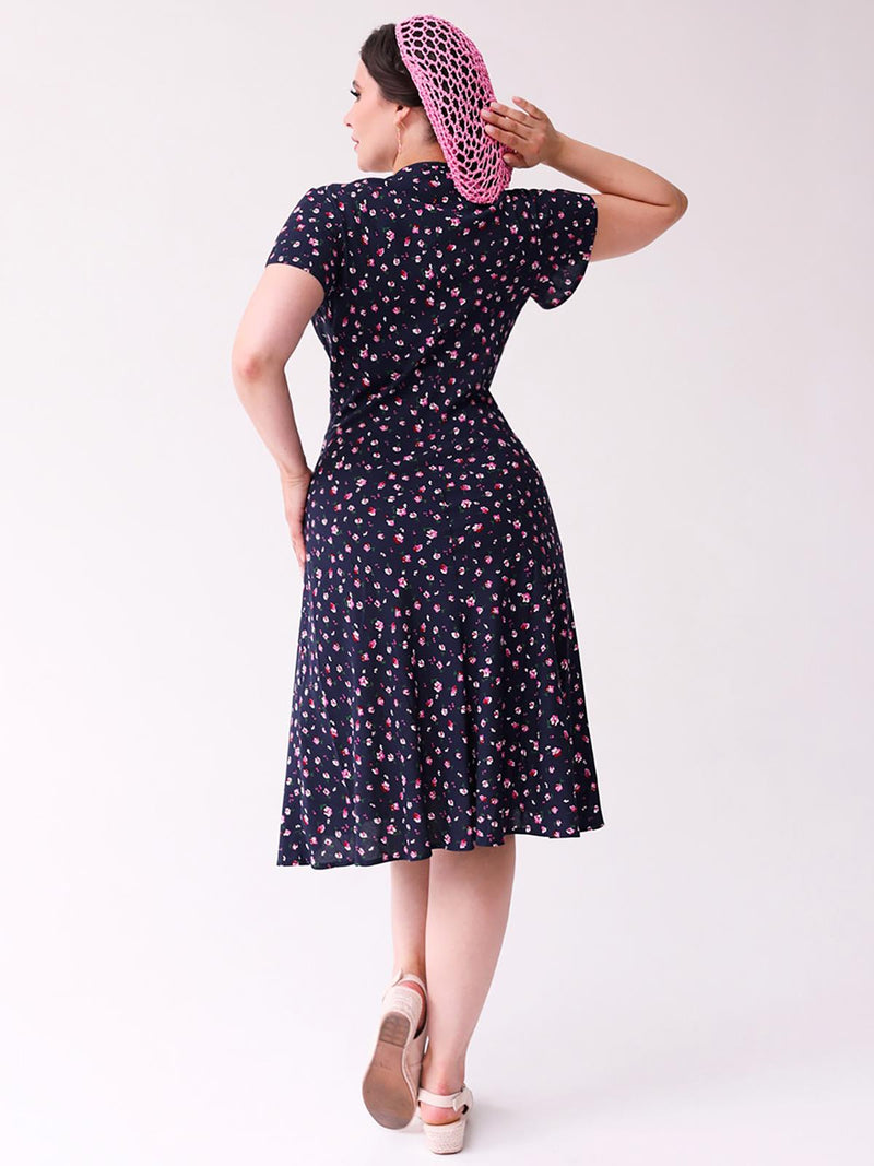 1940s Look Navy & Pink Ditsy Floral Tea Dress