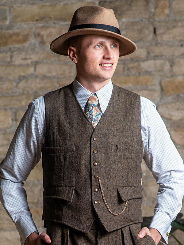 1940s Vintage Granville Herringbone Wool Waistcoat in Brown