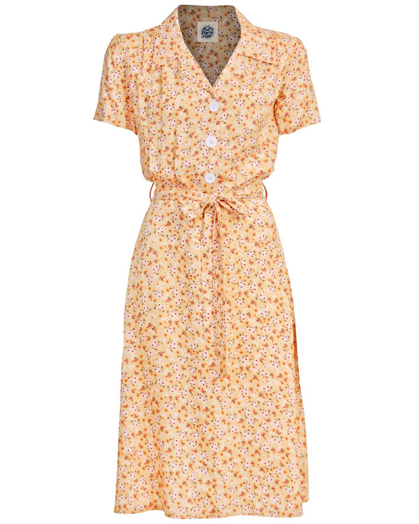 1940s Inspired Yellow Ditsy Floral Shirt Dress