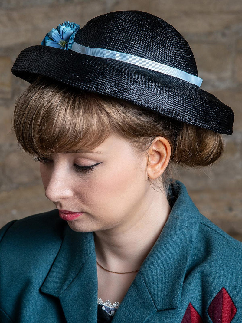 Black 1940s Vintage Style Floral Trim Mushroom Hat