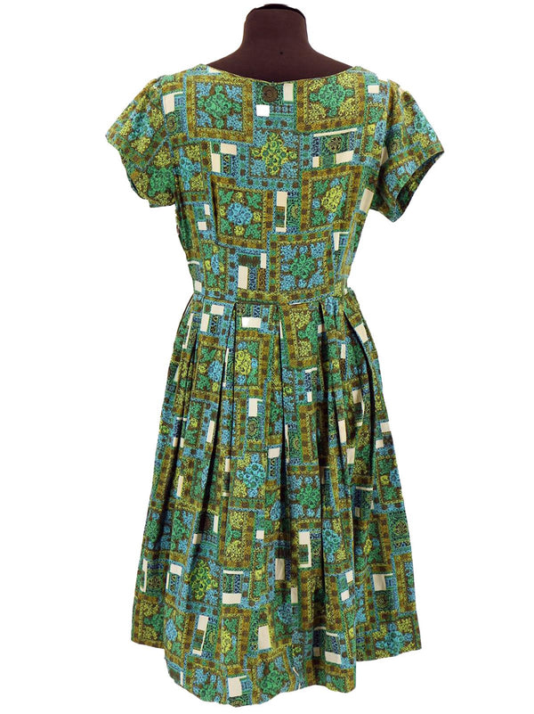 True Vintage Green Square Pattern Fifties Dress
