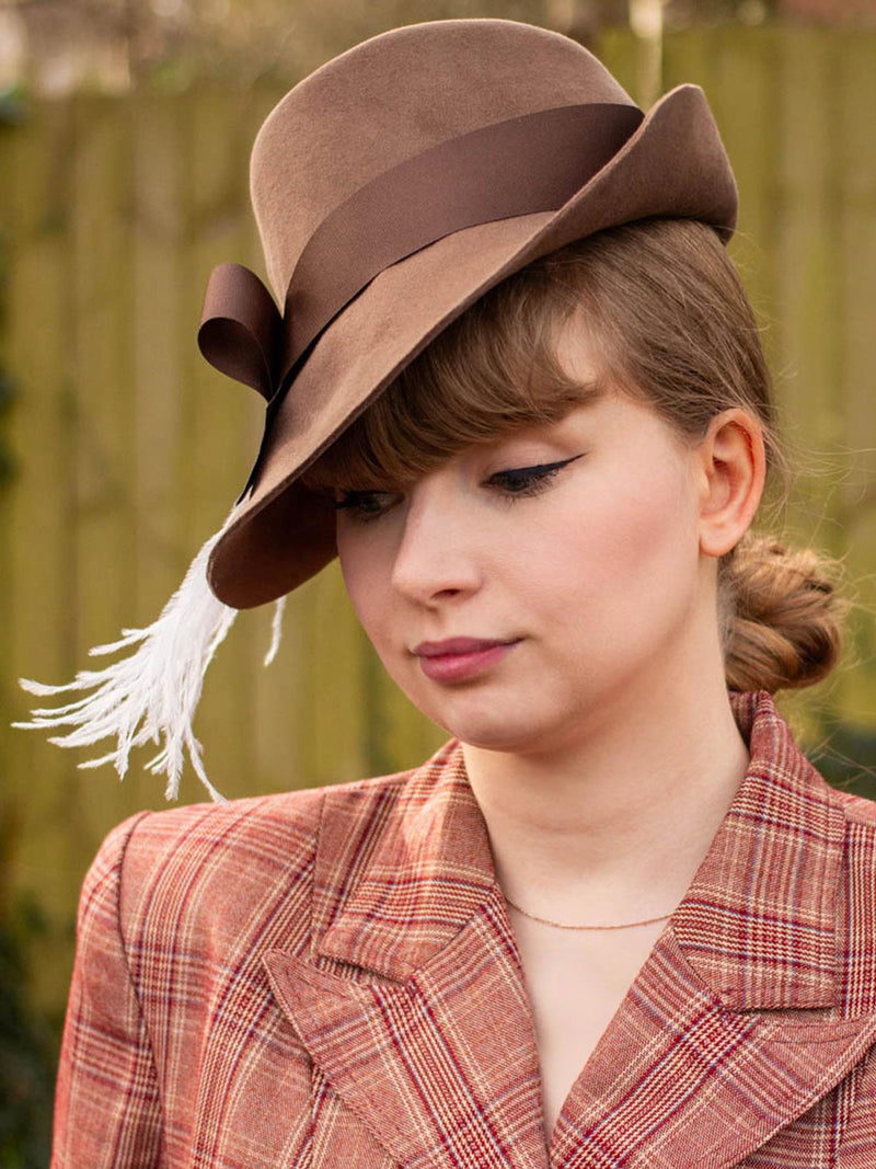 Brown 1940s Look Trilby Feather Hat