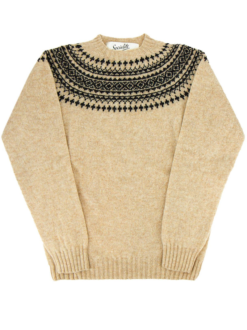 Scottish Wool Fairisle Crewneck Jumper in Tusk Beige