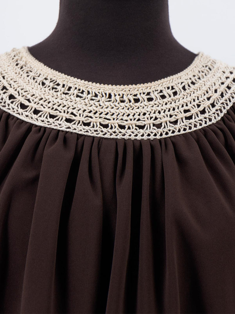 Vintage 1960s 1970s Crochet Lace Neckline Brown Maxi Dres