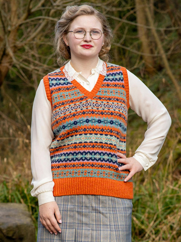 Scottish Wool Short Fairisle Knit Tank Top in Jaffa Orange
