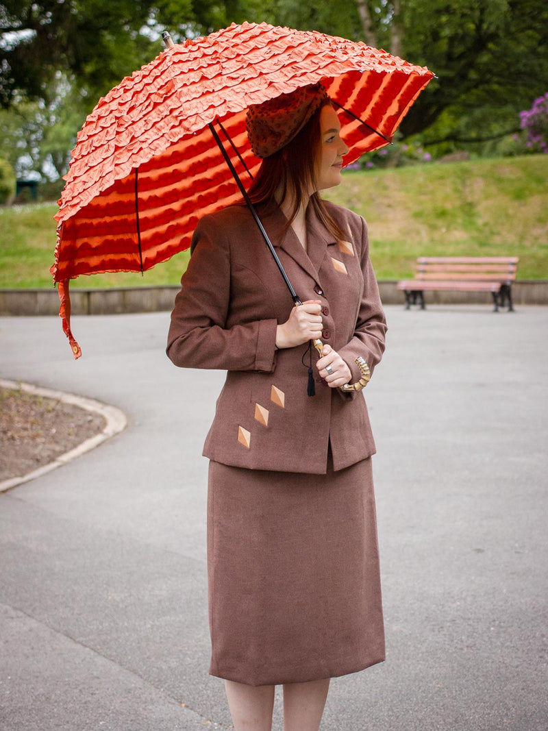 Frilly Rust Orange Bamboo Handle Vintage Umbrella