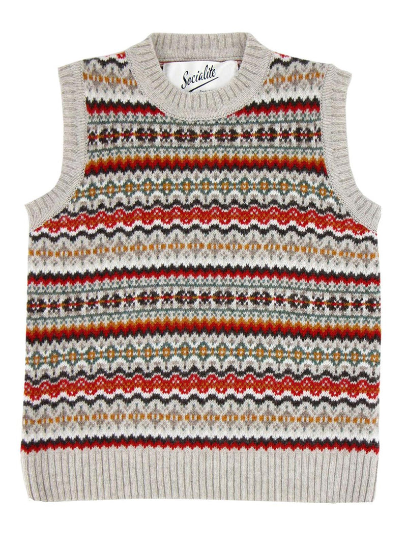 Pure Scottish Wool Fairisle Knit Tank Top in Firestone Beige