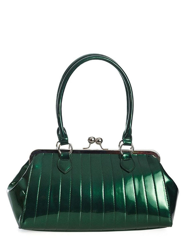 Vintage Style Green Metallic Topstitched Handbag