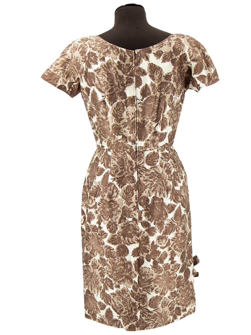 Vintage 1950s Taupe Floral Faux Silk Waisted Shift Dress