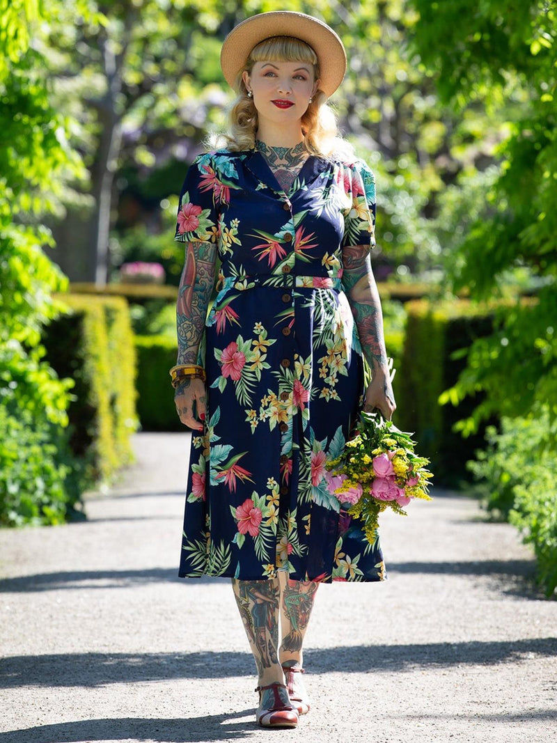 Vintage Style Tropical Floral Shirtwaister Dress