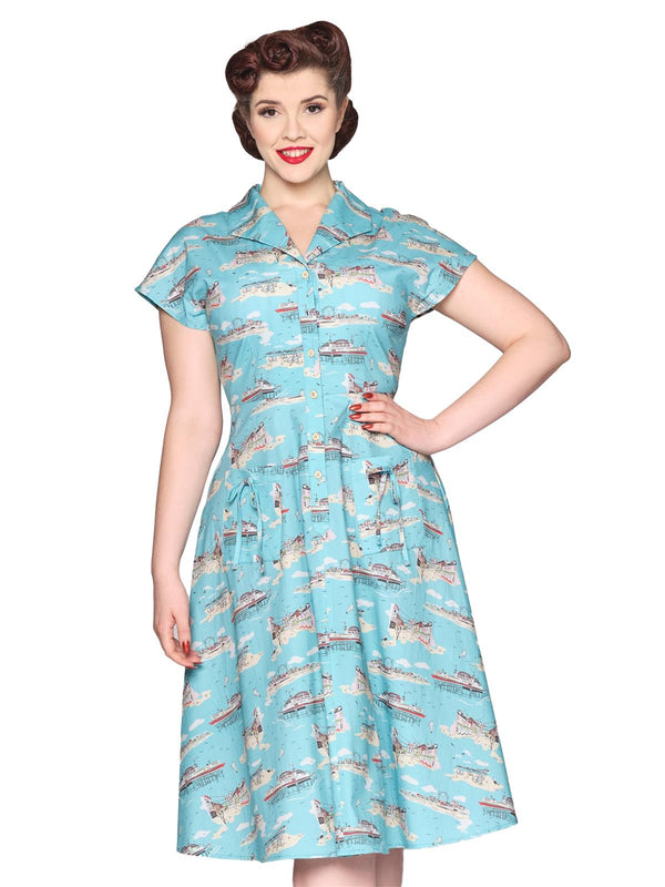 1950s Style Brighton Postcard Shirtwaist Swing Dress