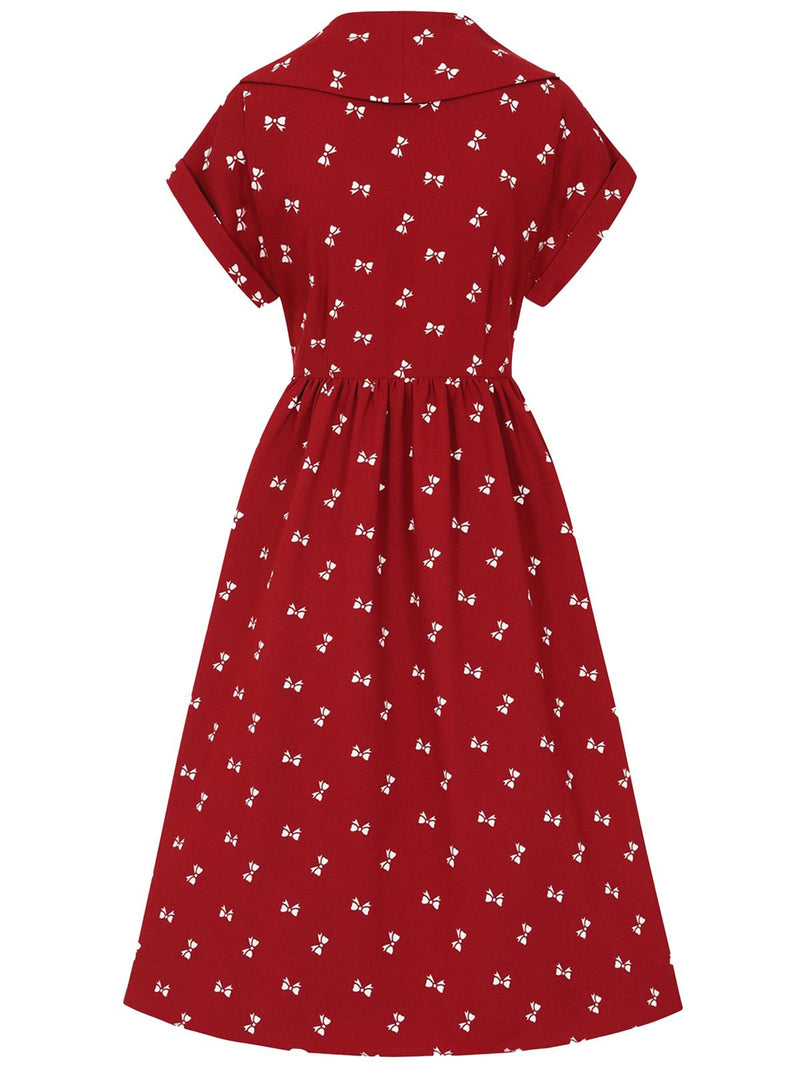 Bow Print Vintage Style Red Shirtwaist Dress