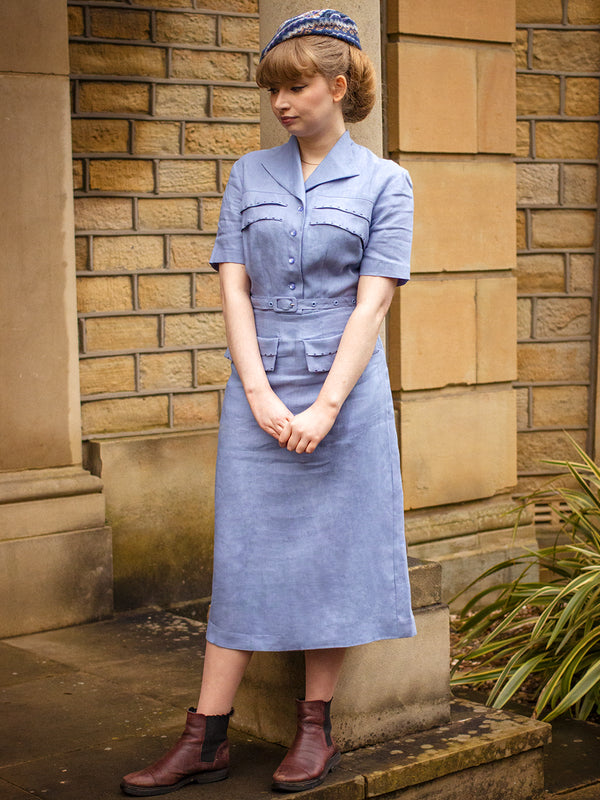 1940s Vintage Spirit Linen Dress in Cornflower Blue