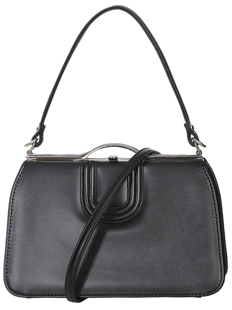 Retro Topstitched Decor Black Frame Handbag