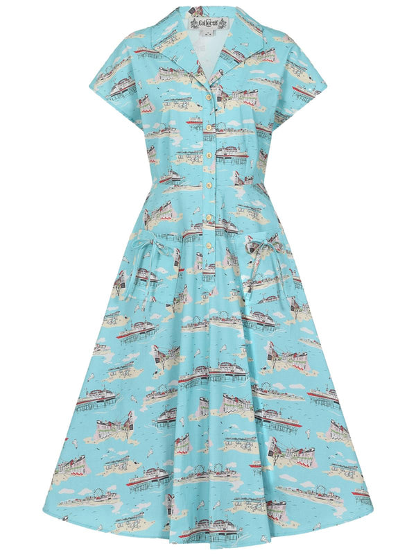 1950s Style Brighton Postcard Shirtwaist Swing Dress